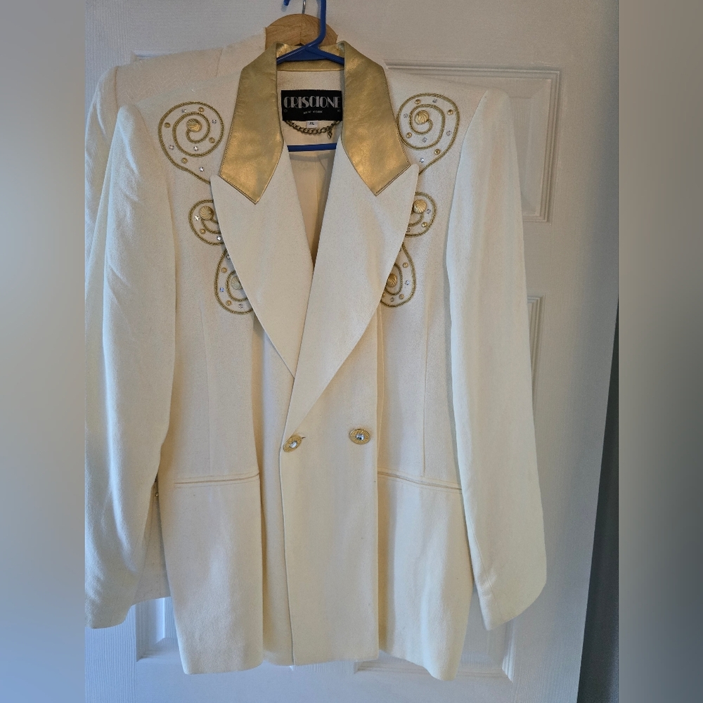 Women's White and Gold Cristione Blazer With Gold and Rhinestone Accents